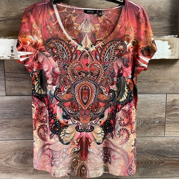 Apt 9 Ladies Short Sleeve Beaded Top, Size Medium , Rust Multicolor Paisley - Picture 2 of 7